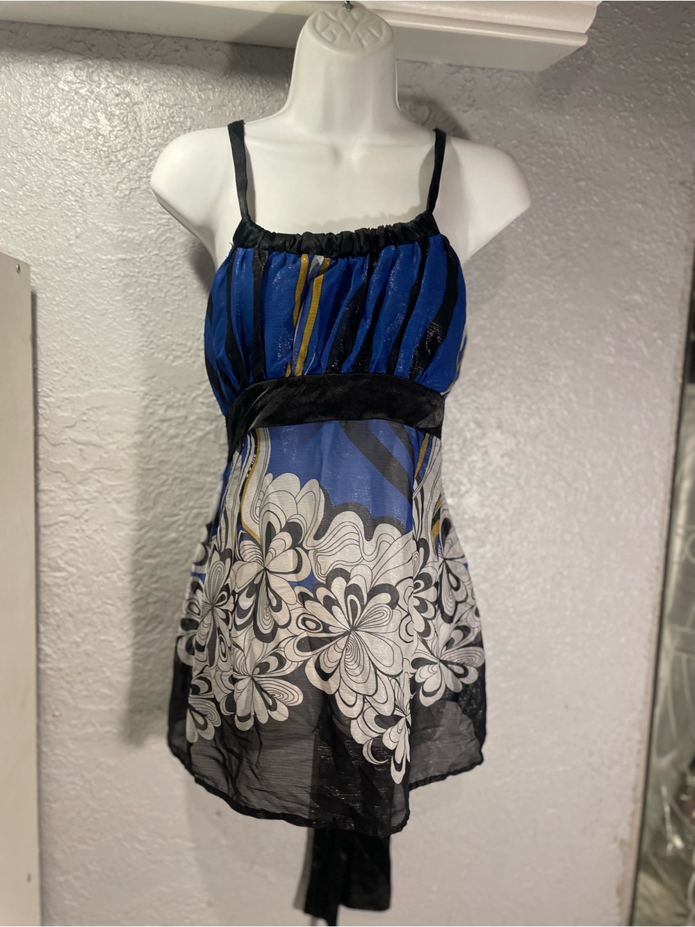 Max Rave Blue, Black and White Floral Print Spaghetti-Strap Camisole